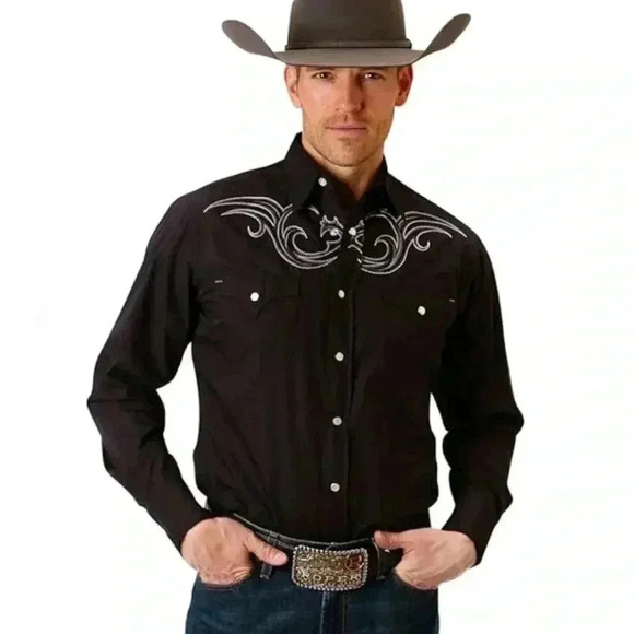 Roper Perf Men Black/White Stitch Pearl Snap 100% Cotton Scroll Poplin Size XL - Picture 1 of 14